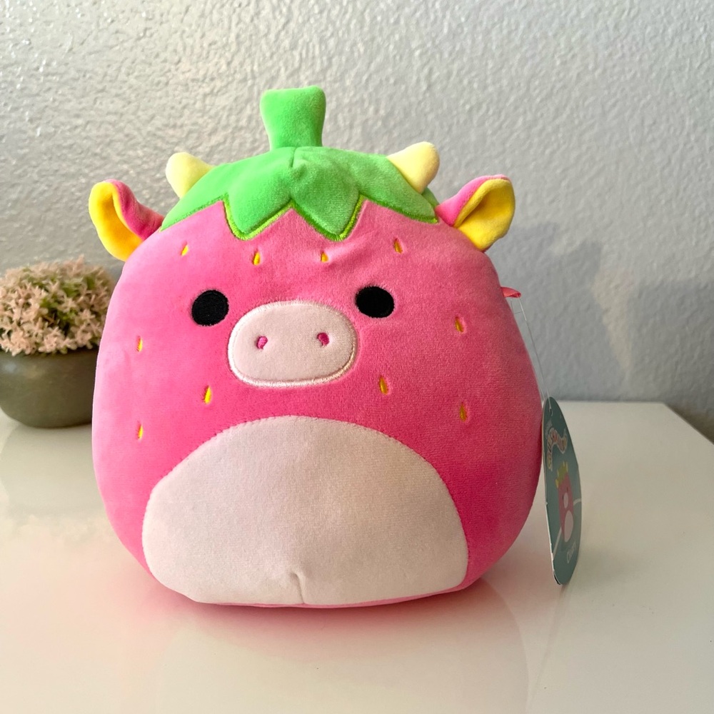 Squishmallows Pink Strawberry Cow Plush with Green Leaf Top